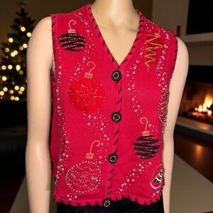 Women’s Festive Red Button-Up Sweater Vest